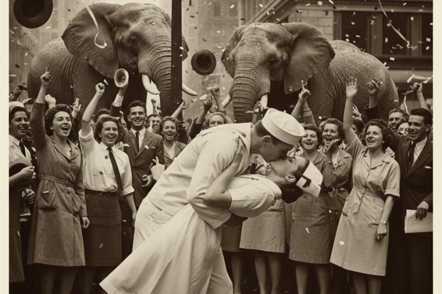 una celebración del día de la Victoria en donde hay un elefante que nadie ve