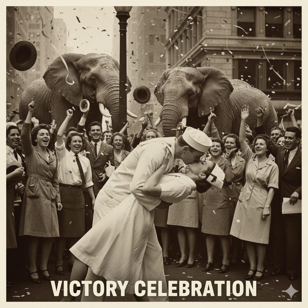 una celebración del día de la Victoria en donde hay un elefante que nadie ve