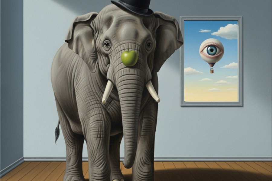 una visión surrealista de un elefante en una sala al estilo de Magritte