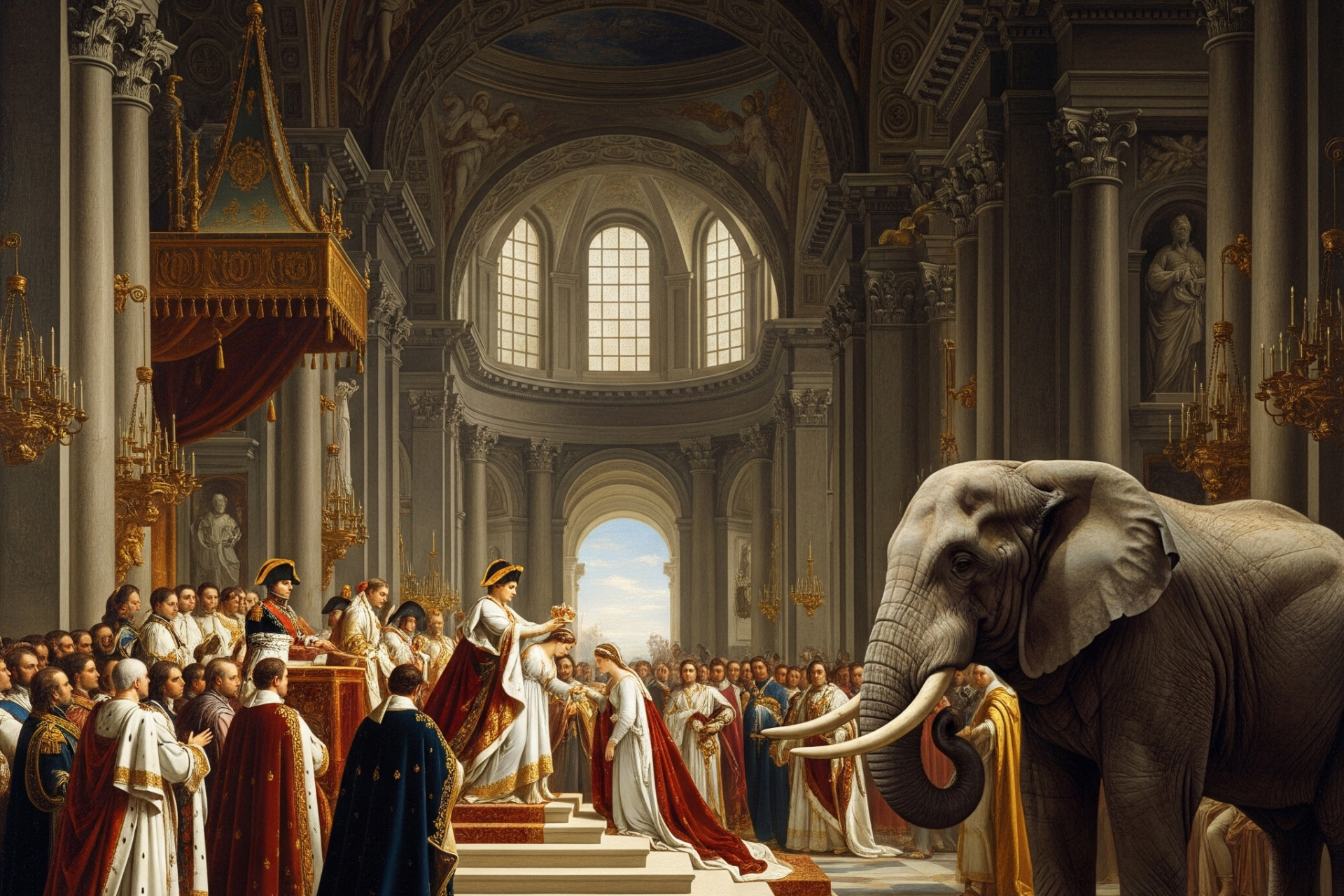 Un gran salón real donde se realiza una coronación si que nadie ponga atención en un elefante.