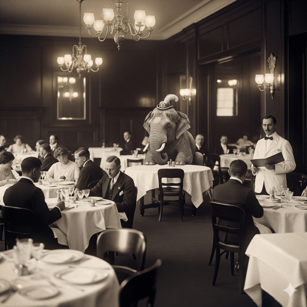 Un restaurante elegante de los años 1920 en con un elefante sentado que todos ignoran