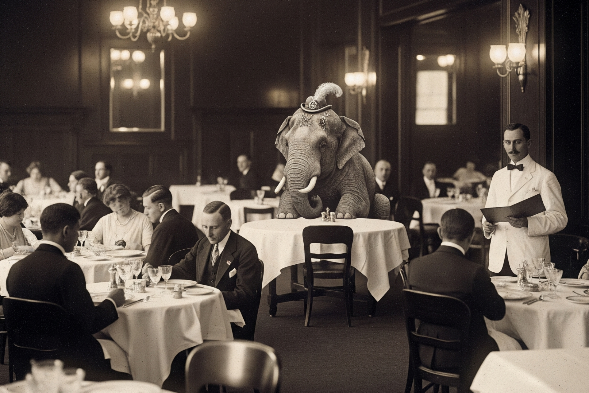 Un restaurante elegante de los años 1920 en con un elefante sentado que todos ignoran