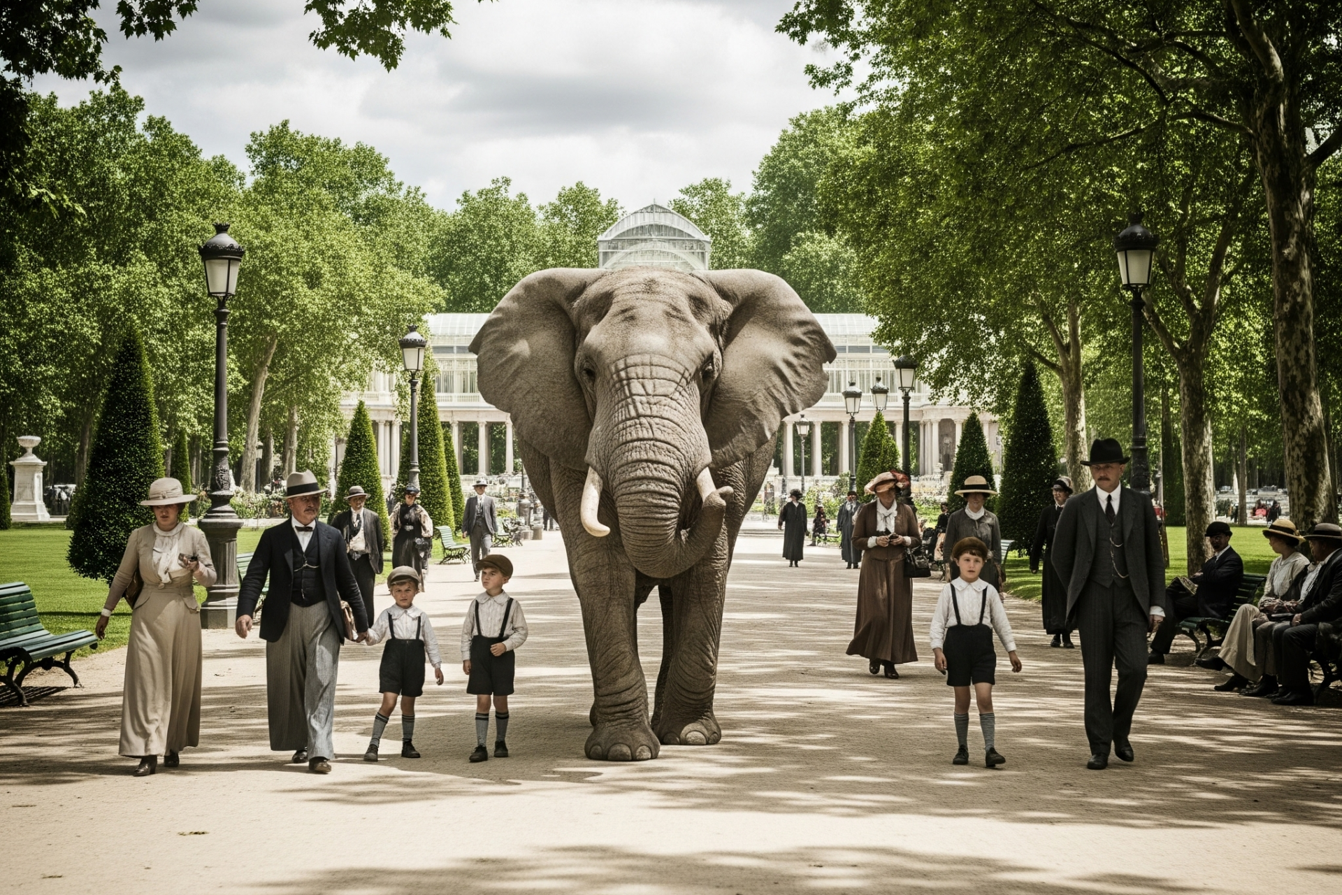 Un parque público en 1920 con un elefante paseando si que nadie lo note