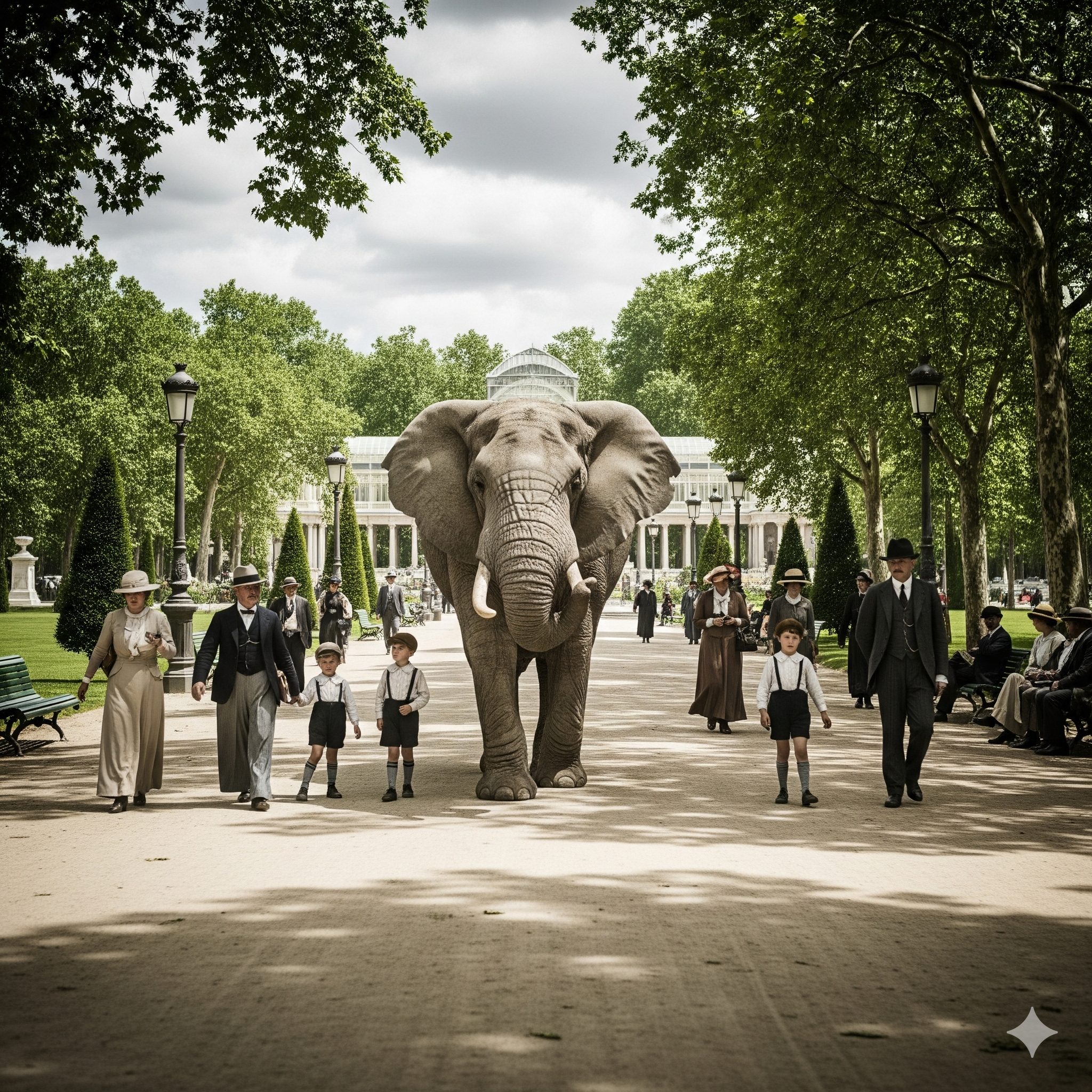 Un parque público en 1920 con un elefante paseando si que nadie lo note