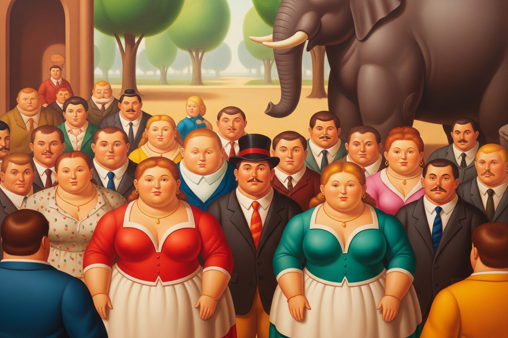 La plaza de un pueblo llena de gente sin darse cuenta de que tienen un elefante atrás