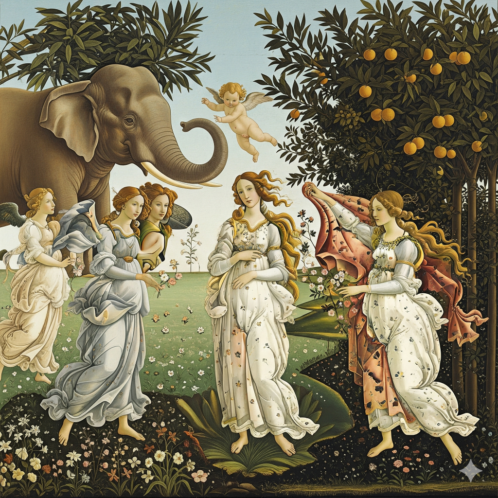 un cuadro renacentista con un elefante en el que nadie pone atención