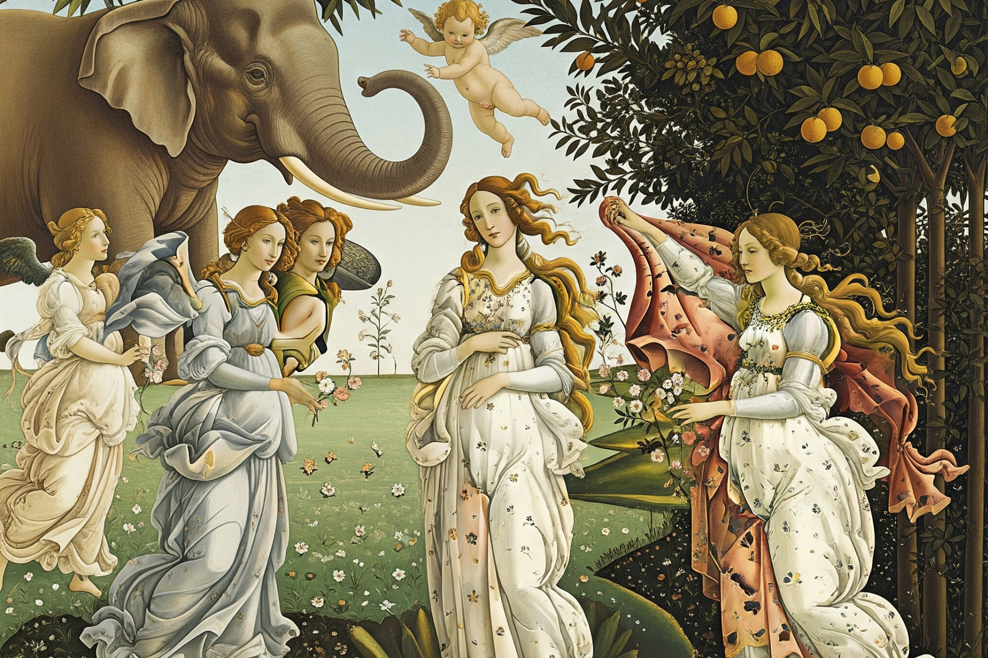 un cuadro renacentista con un elefante en el que nadie pone atención