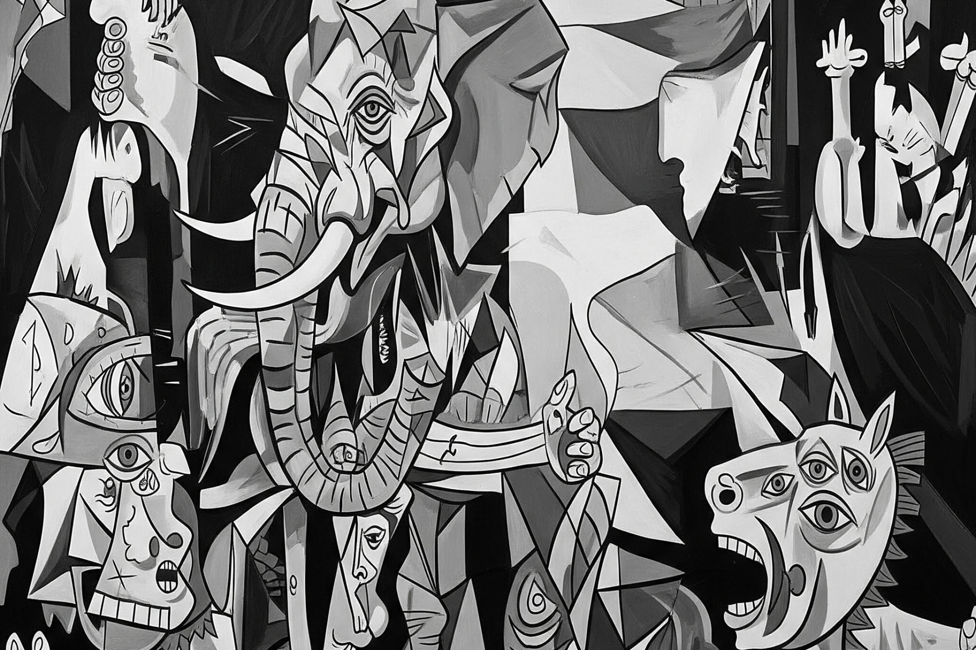 pintura moderna con un elefante disimulado entre otros eleementos