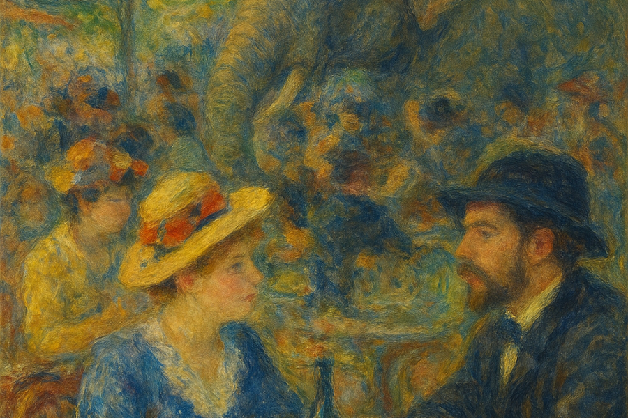 un café de París al estilo impresionista donde la gente no ve a un elefante