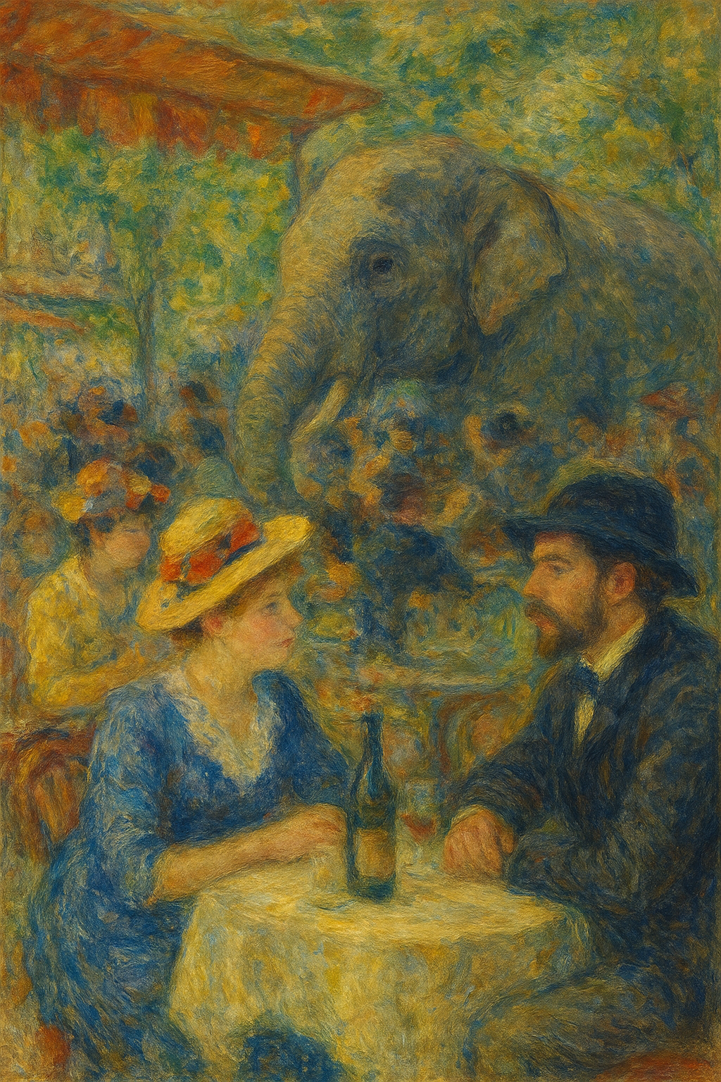 un café de París al estilo impresionista donde la gente no ve a un elefante