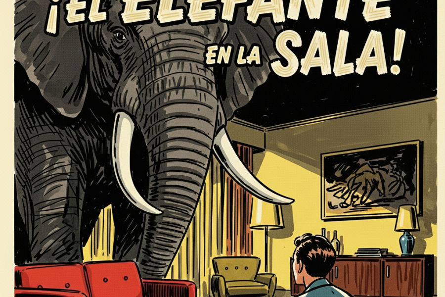 cartel de cine estilo años 50 de cine de terror conn elefante que entra en una casa
