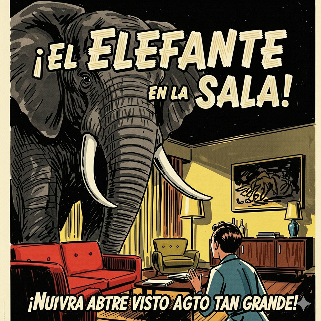 cartel de cine estilo años 50 de cine de terror conn elefante que entra en una casa