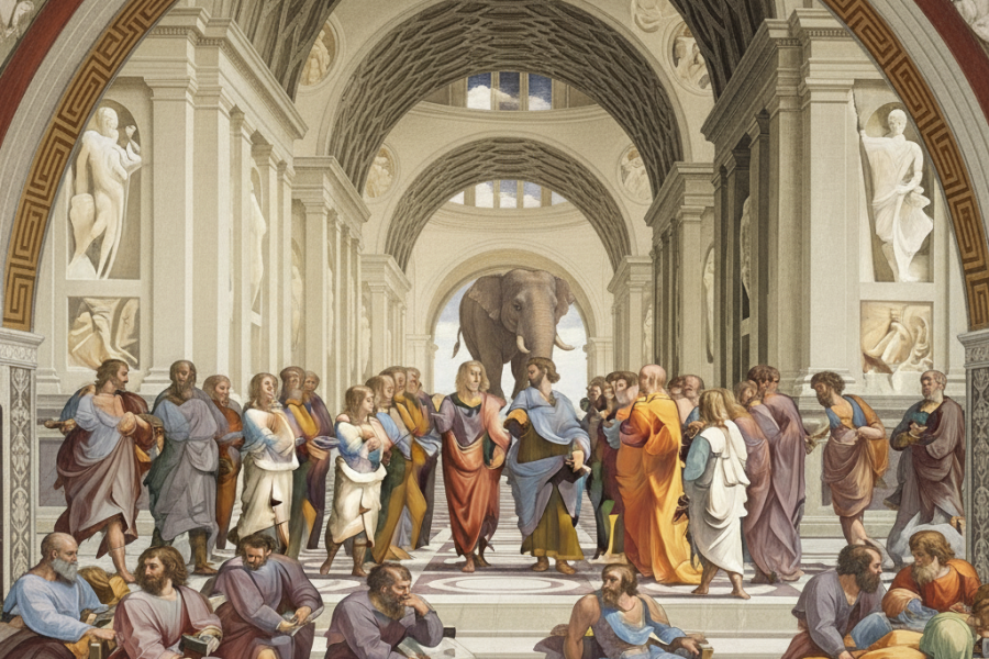 una colección de filósofos antiguos y medievales a los que sigue un elefante.
