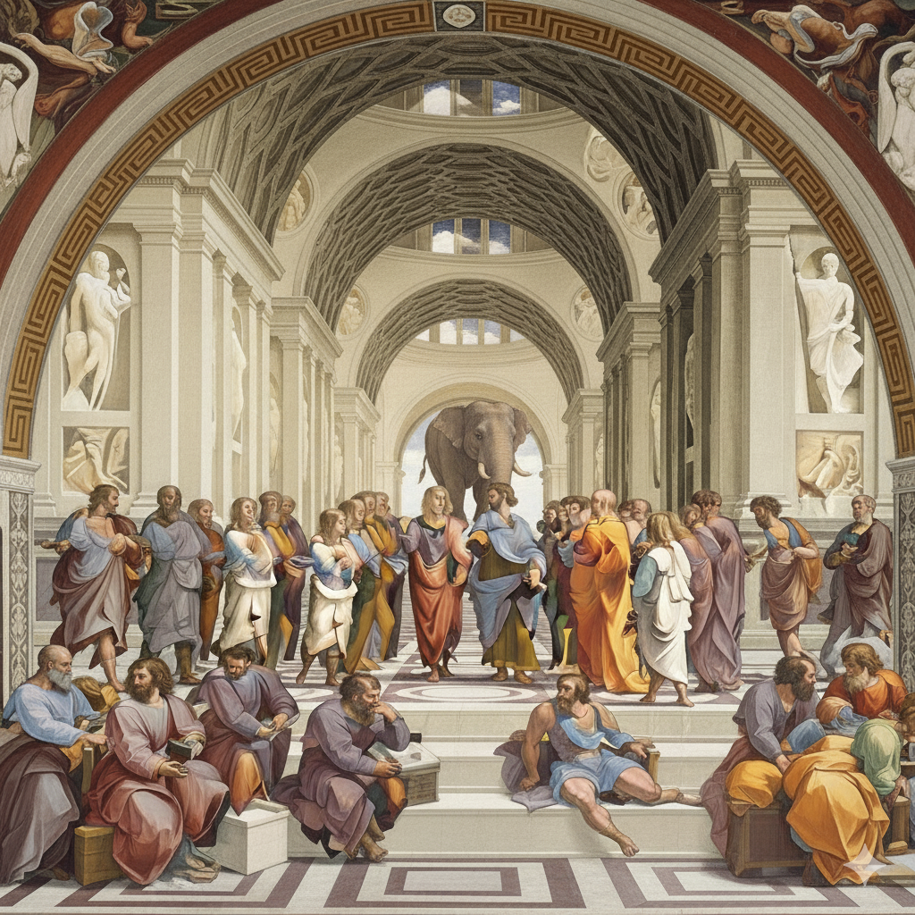 una colección de filósofos antiguos y medievales a los que sigue un elefante.