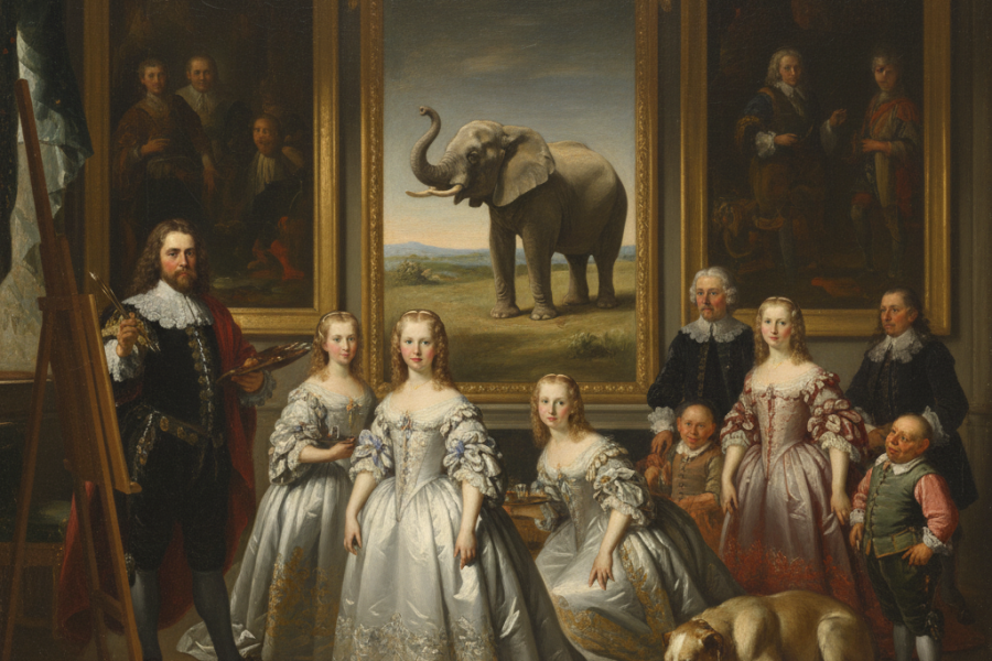 familia real en palacio del siglo 18 con una pintura de un elefante que no ven