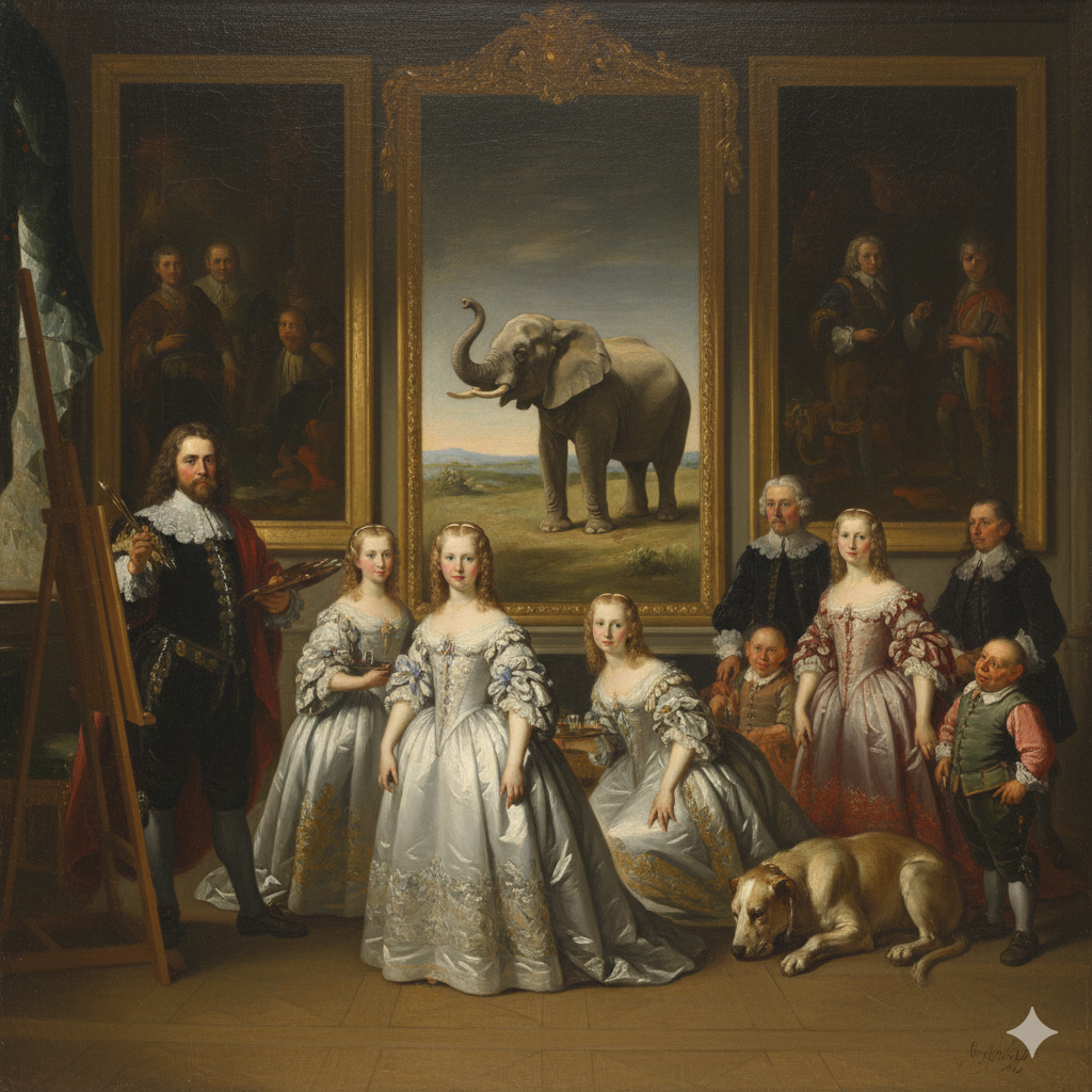 familia real en palacio del siglo 18 con una pintura de un elefante que no ven