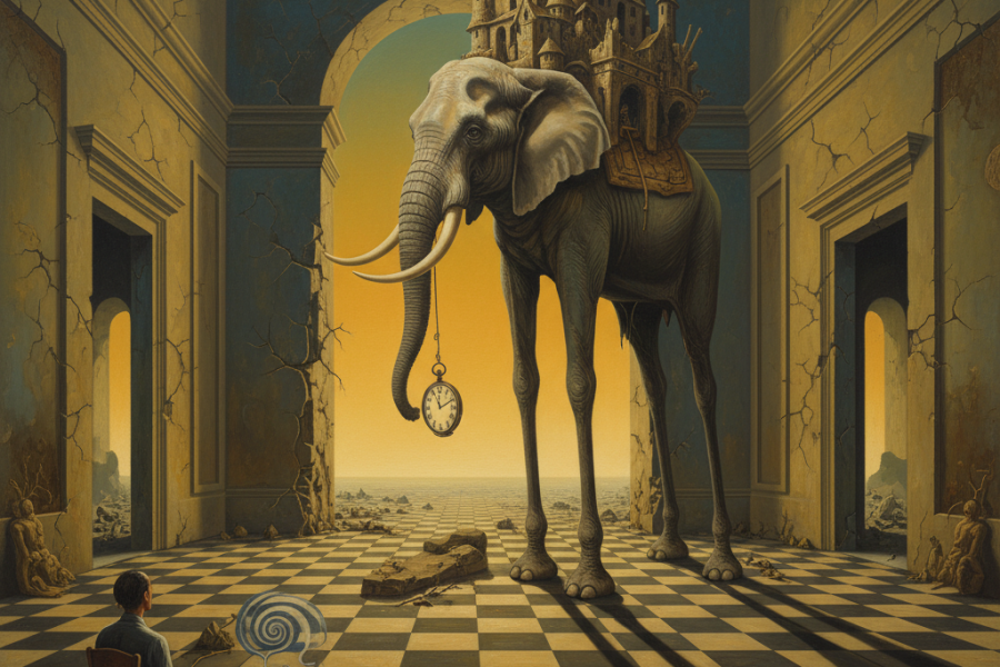 elefante en una sala, al estilo surrealista, con una persona que lo mira