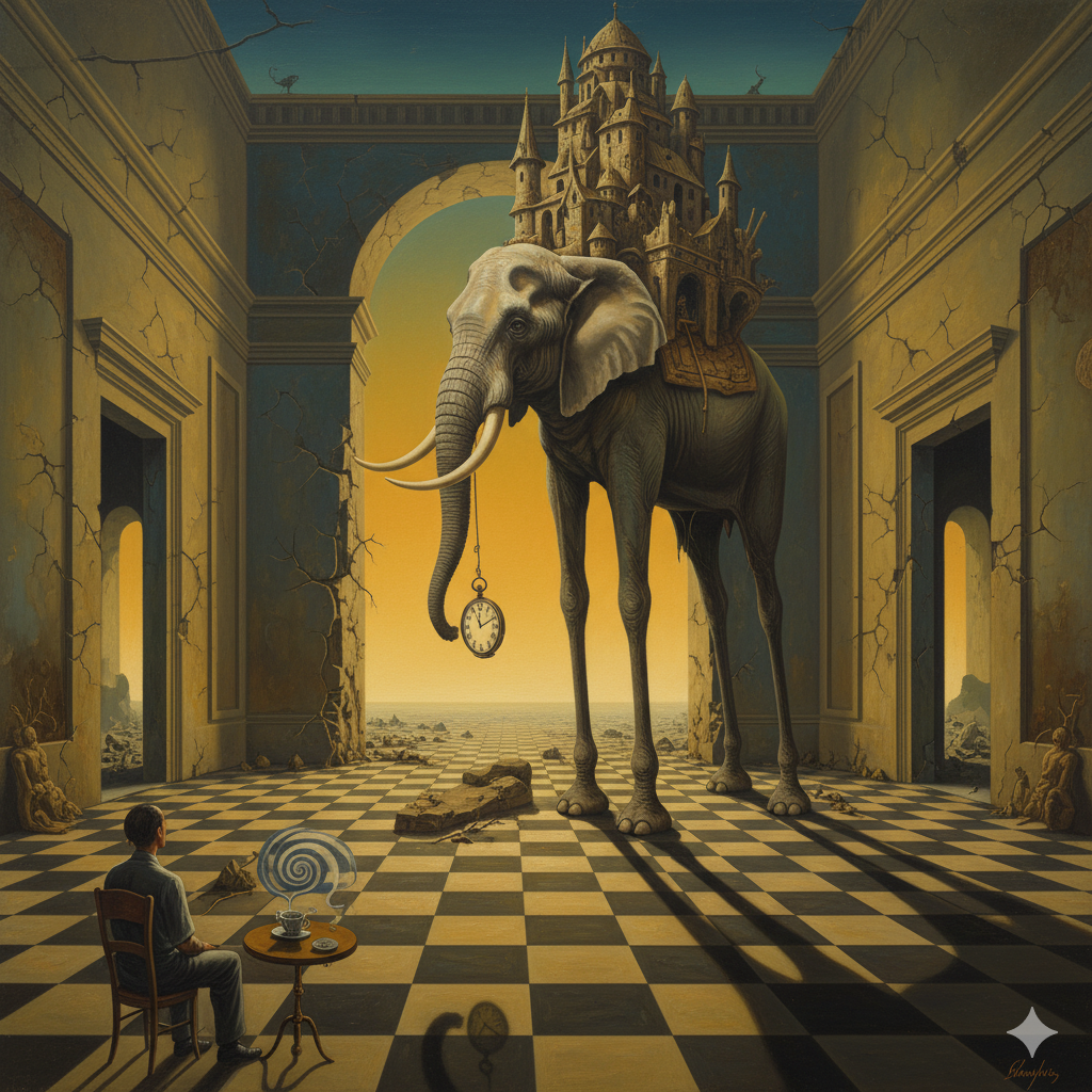 elefante en una sala, al estilo surrealista, con una persona que lo mira