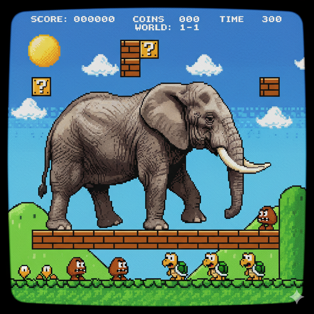 un juego de video viejo con un gran elefante al que pocos ven