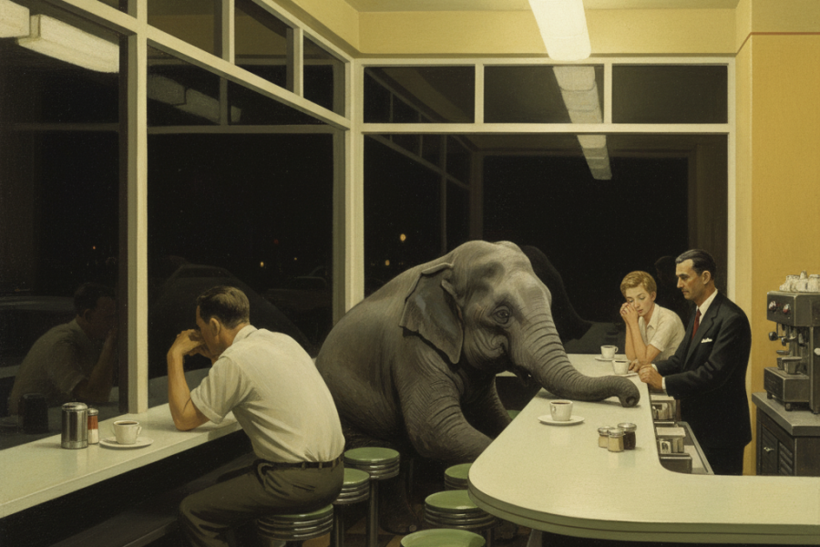elefante que nadie nota dentro de una cafetería al estilo de la pintura de Hopper