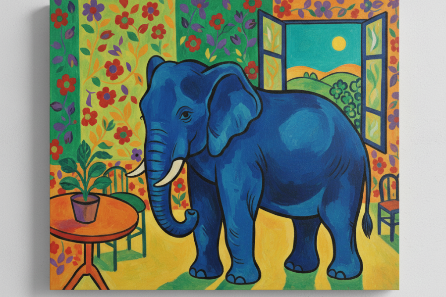 elefante azul en una sala con florero y ventana al que nadie ve