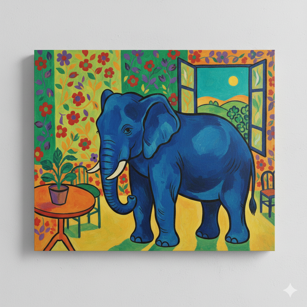 elefante azul en una sala con florero y ventana al que nadie ve