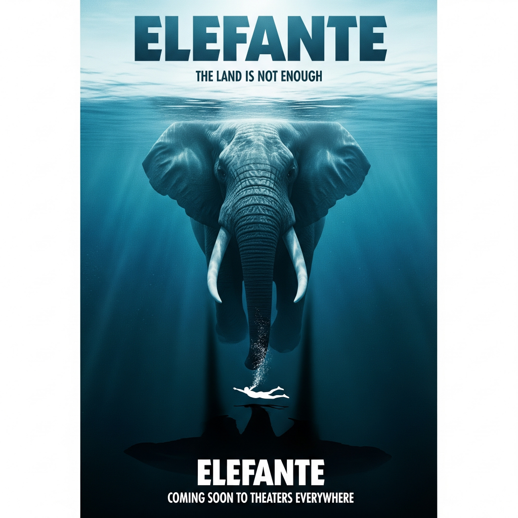 Un cartel de cine al estilo de Tiburón pero que es un elefante amenazante bajo el mar