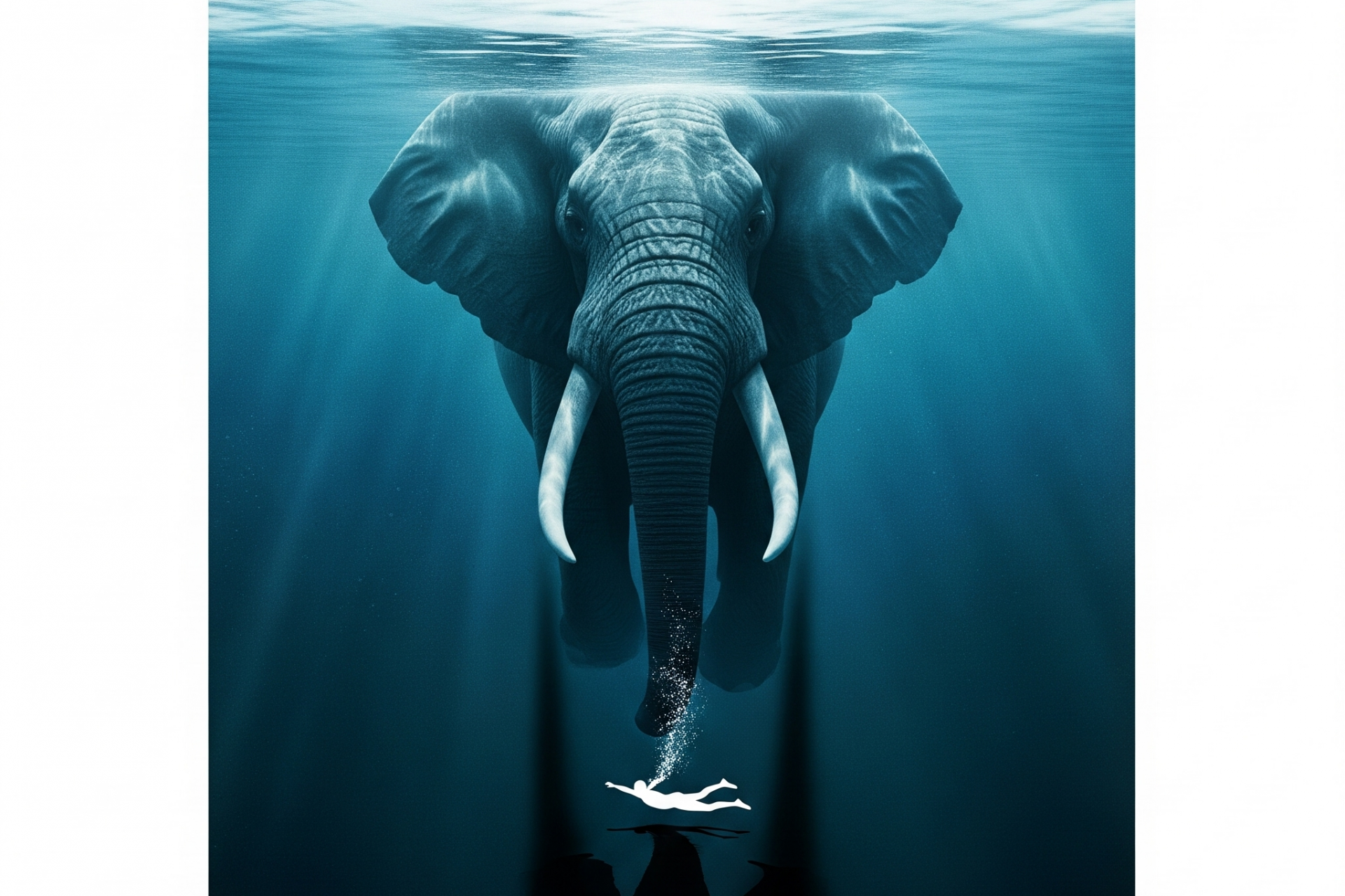 Un cartel de cine al estilo de Tiburón pero que es un elefante amenazante bajo el mar