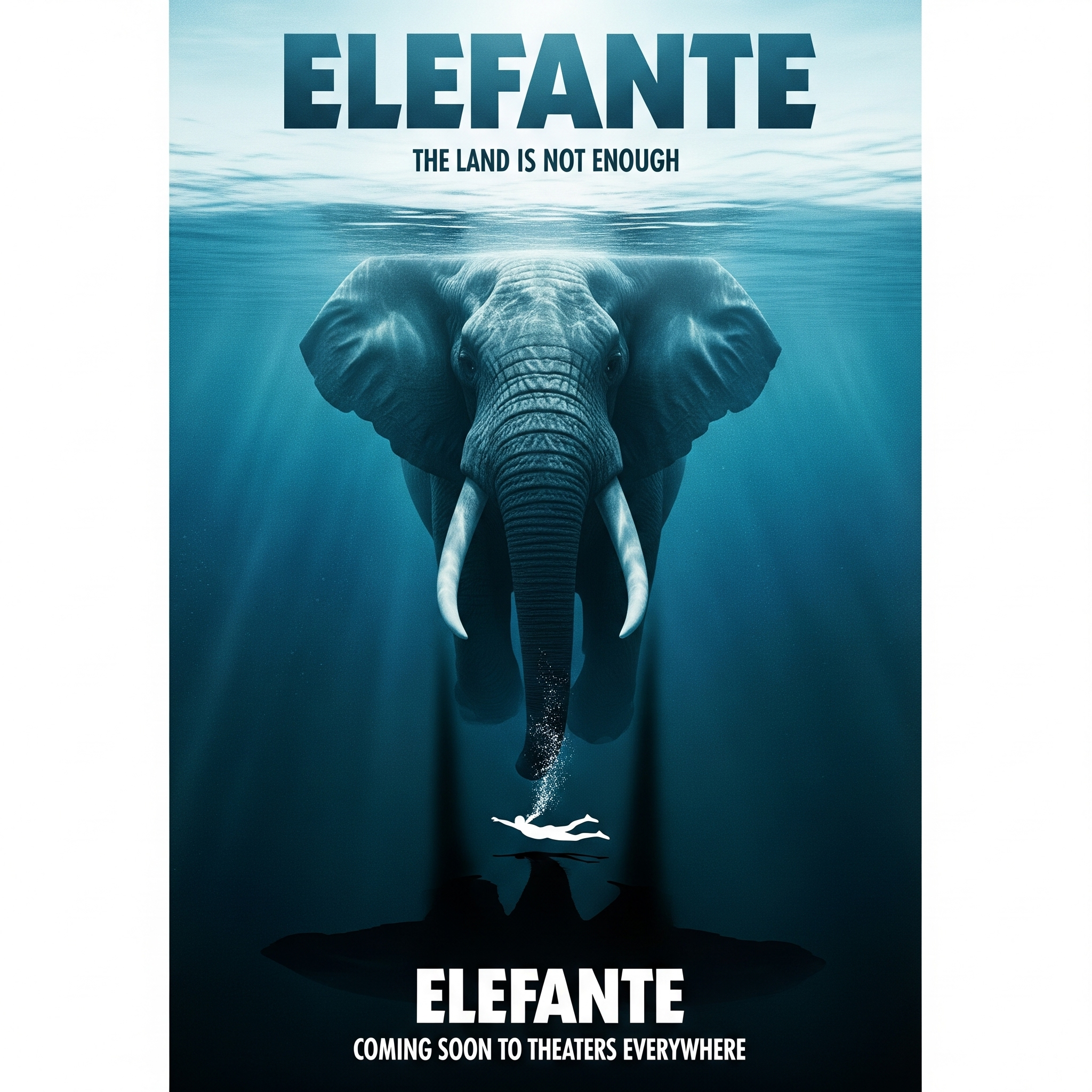 Un cartel de cine al estilo de Tiburón pero que es un elefante amenazante bajo el mar