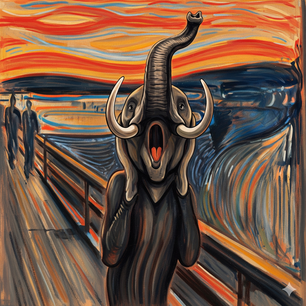 Un elefante que grita al estilo del cuadro de Munch y que no parece ser notado por la gente.