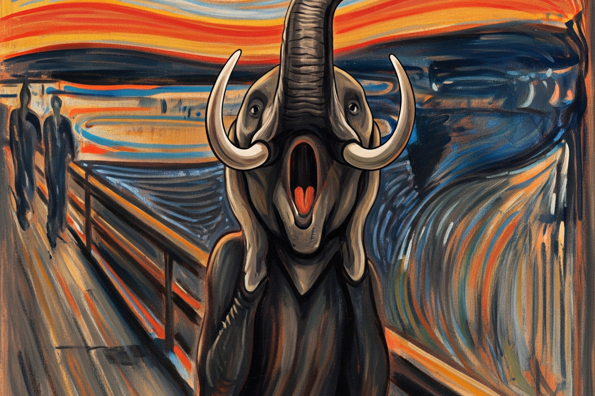 Un elefante que grita al estilo del cuadro de Munch y que no parece ser notado por la gente.