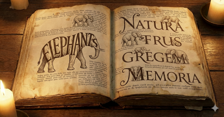 Libro antiguo en latín con elefantes ocultos