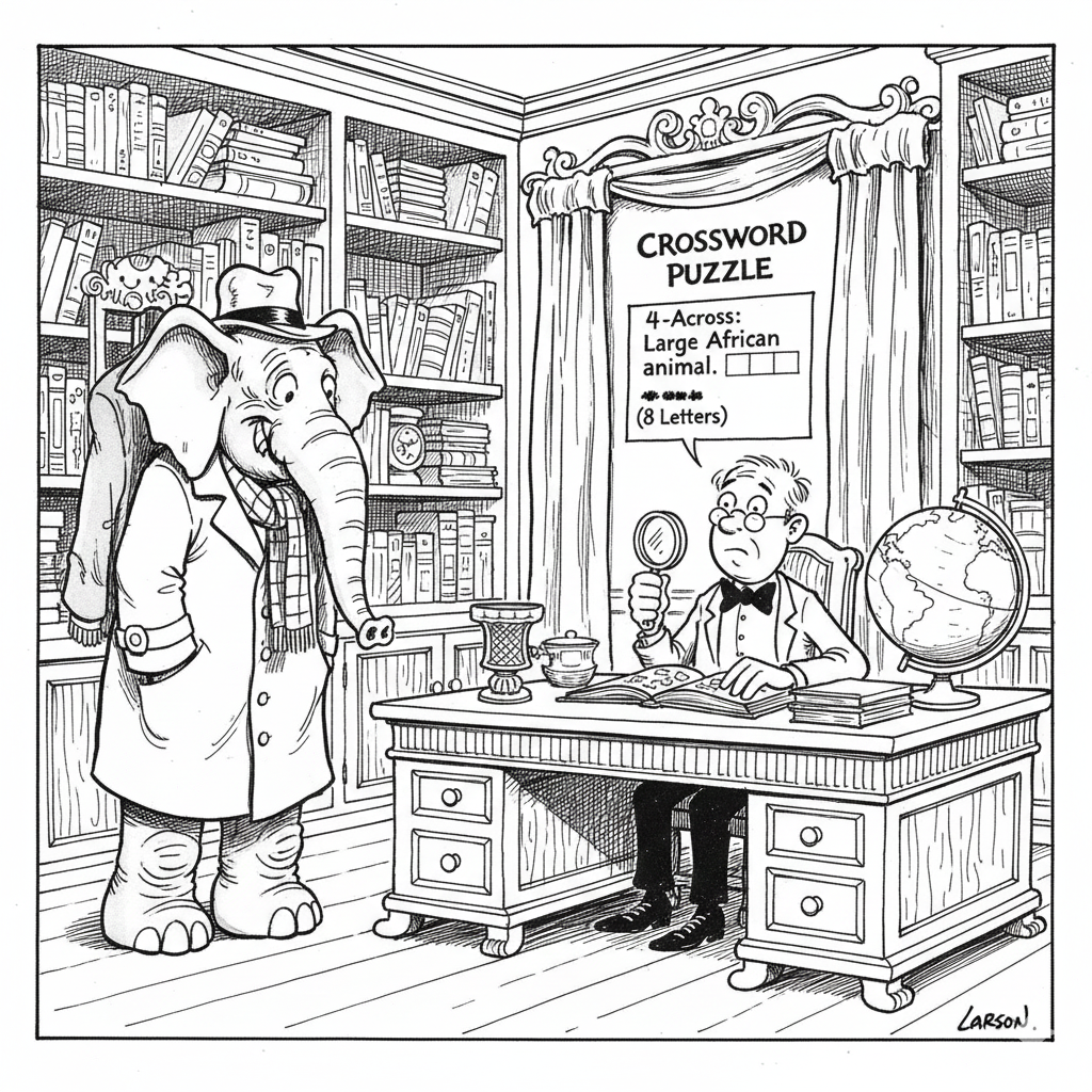 caricatura de un profesor con lupa que no ve al elefante que tiene junto