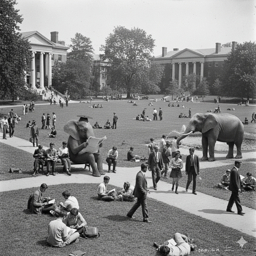 foto de campus universitario en el la gente no se da cuenta de que hay dos elefantes