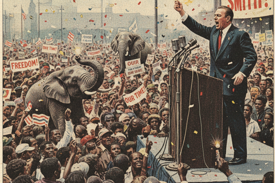 mitin político de un populista y entre la multitud hay dos elefantes a los que nadie hace caso