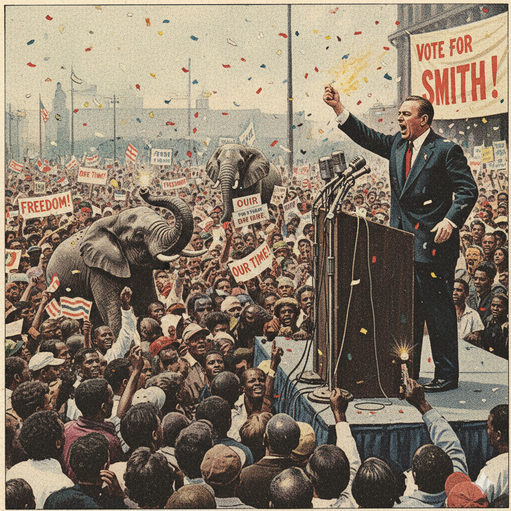 mitin político de un populista y entre la multitud hay dos elefantes a los que nadie hace caso