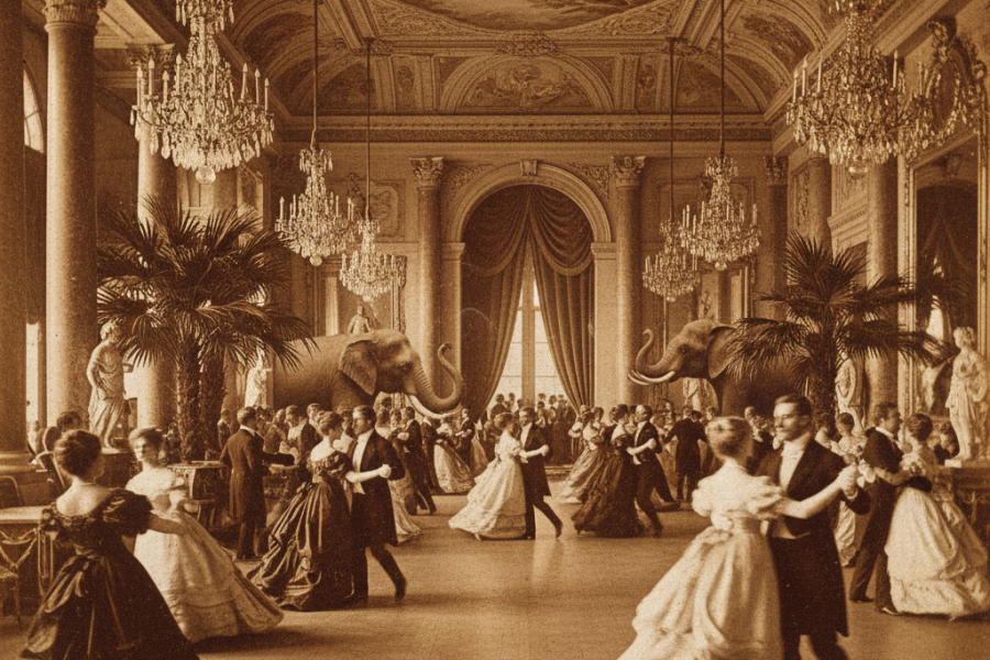 salón de baile del siglo 19 con dos elefantes all fondo en los que nadie pone atención