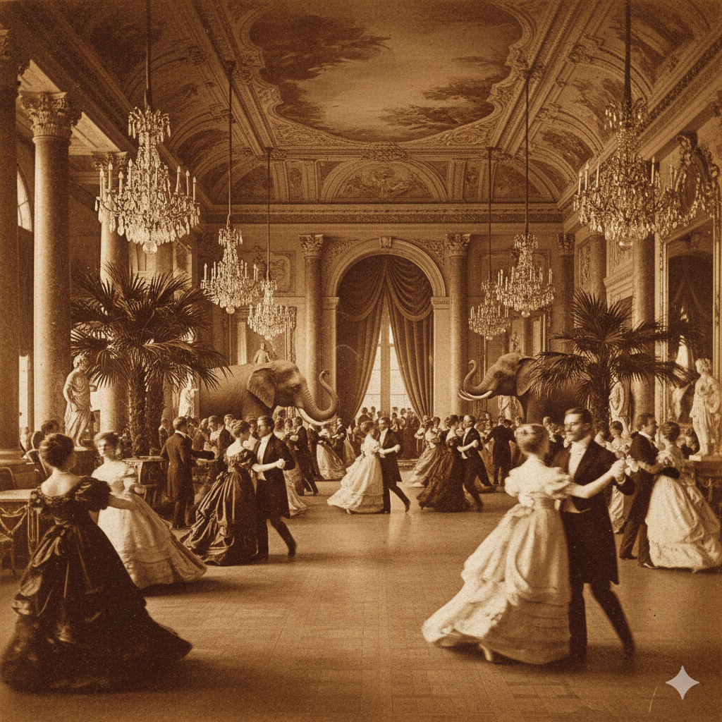 salón de baile del siglo 19 con dos elefantes all fondo en los que nadie pone atención