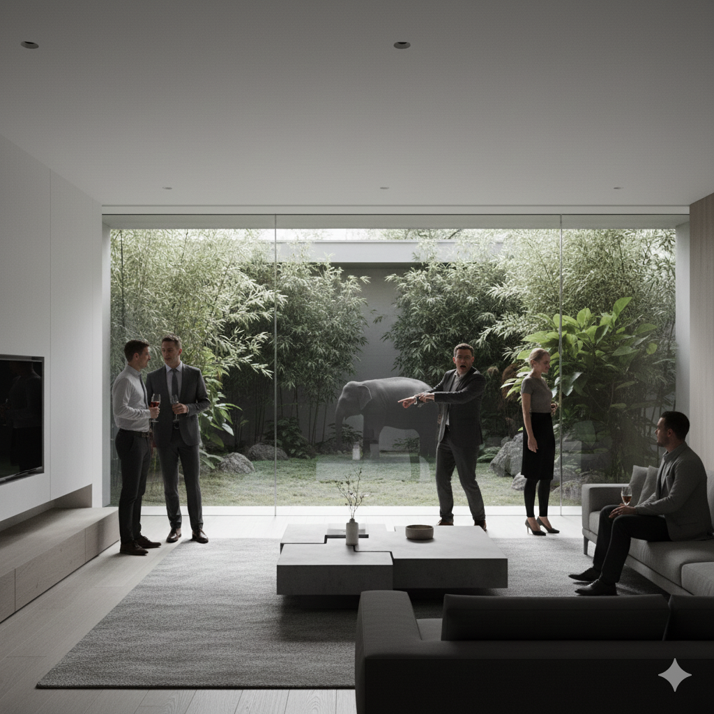 sala minimalista con gente que no nota al elefante en el jardín, excepto uno