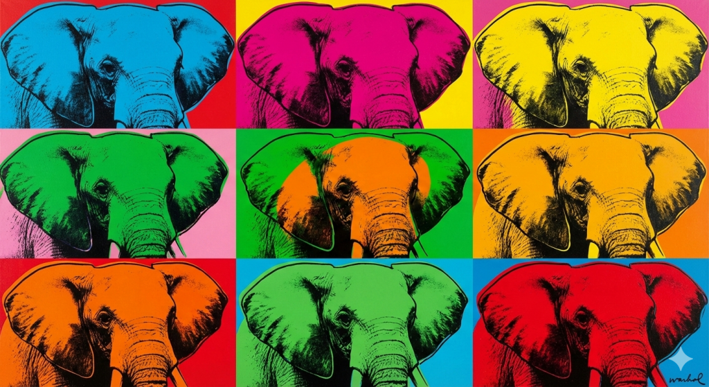 Seis imágenes de elefantes de frente en una ilustración al estilo de Andy Warhol