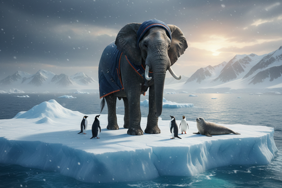elefante en un iceberg con cuatro pingüinos y una foca
