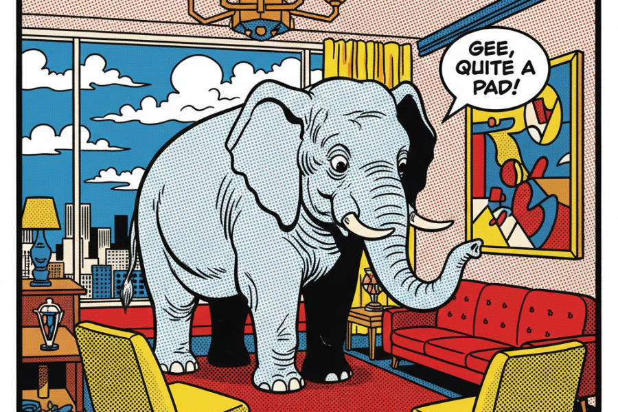 un elefante en la sala al estilo de las pinturas de Linchestein