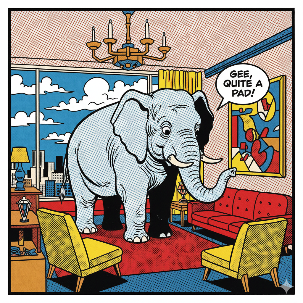 un elefante en la sala al estilo de las pinturas de Linchestein