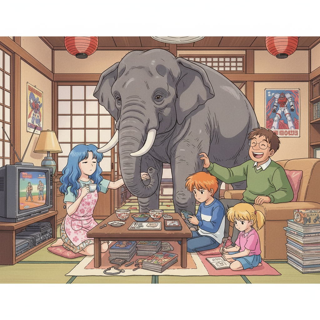 un elefante en la sala en un dibujo al estilo japonés de animación