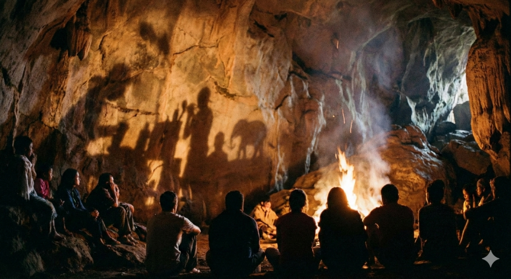 Caverna con fuego sombras y personas al estilo de Platón