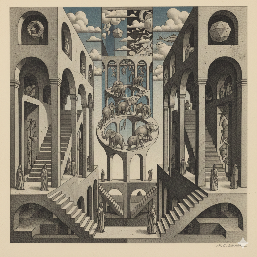 elefantes en un círculo sin fin al estilo de M. C. Escher como grabado