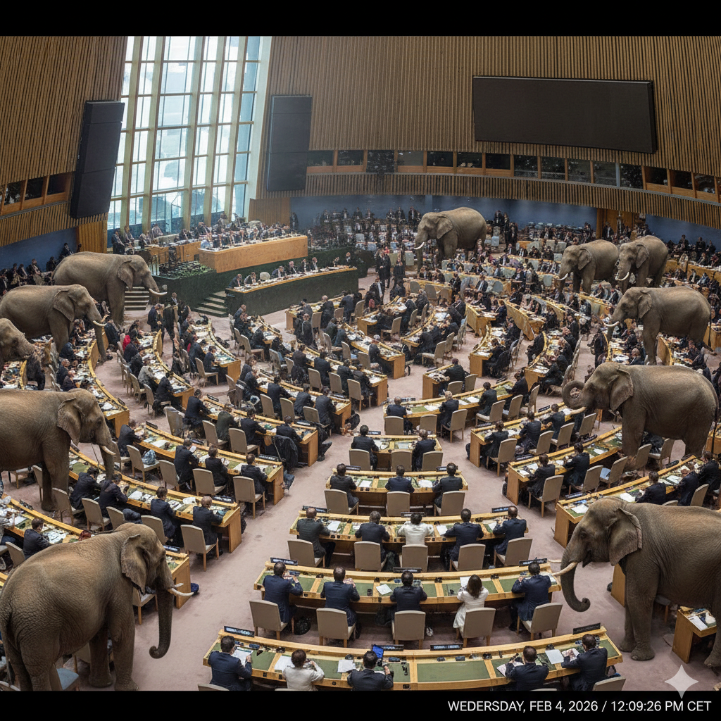 Reunión plena de lla ONU con elefantes en los pasillos que nadie ve