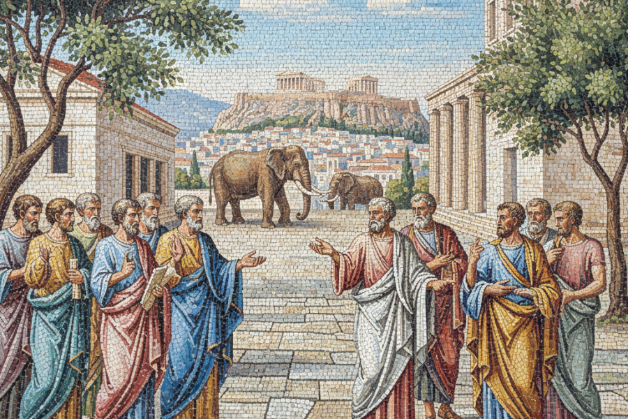 mosaico de ágora ateniense con filósofos hablando