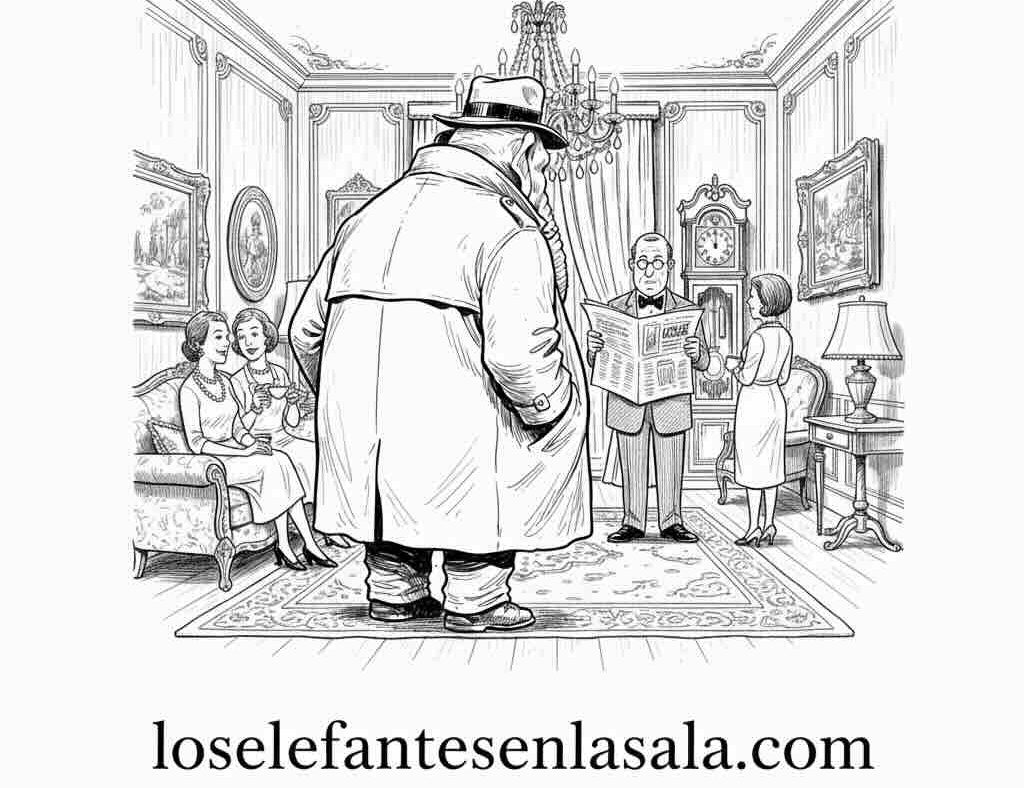 una sala elegante con un elefante que todos ignoran