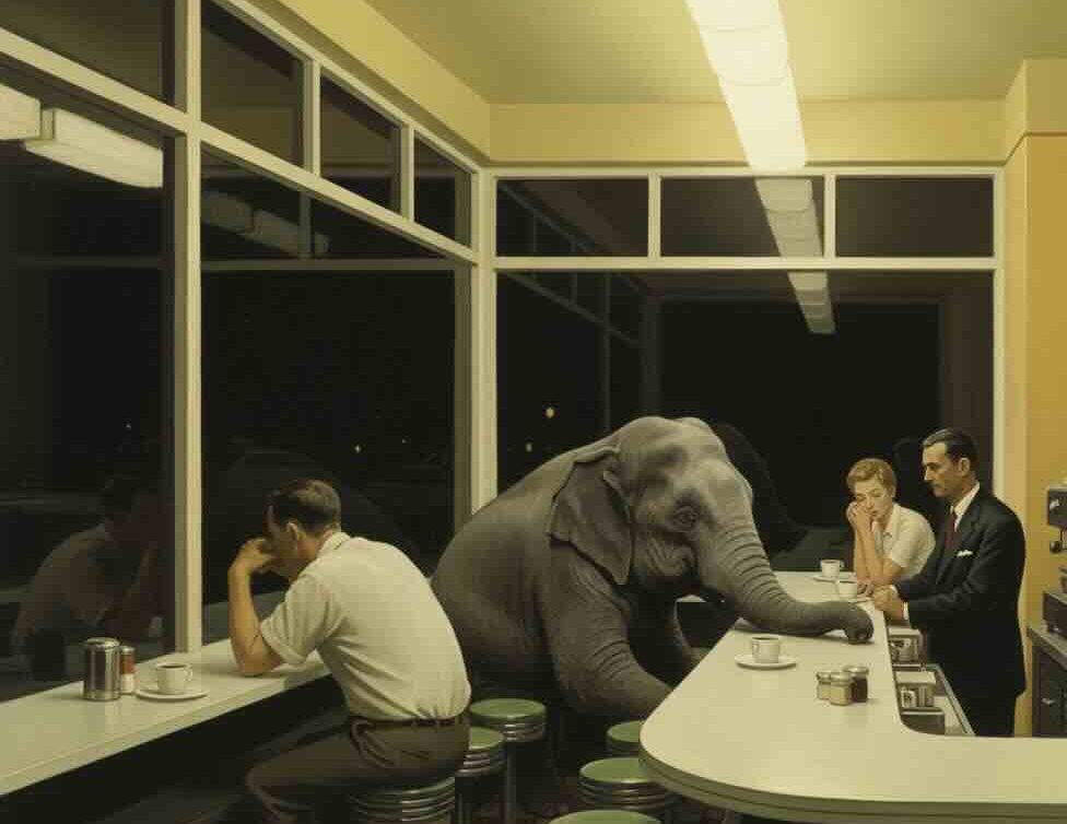 gente solitaria en cafetería sin poner atención en elefante